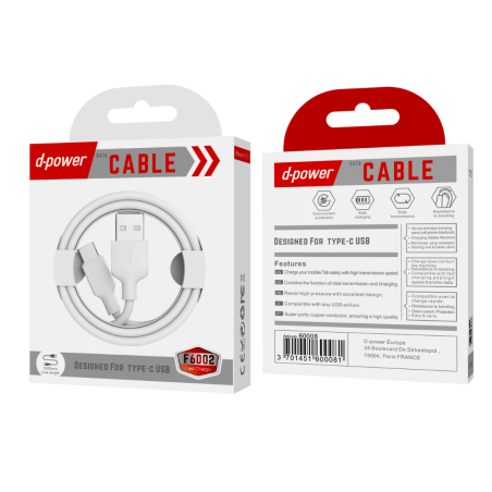 Câble USB / Type-C - D-power F6002 - 1M Blanc | Smarty Paris